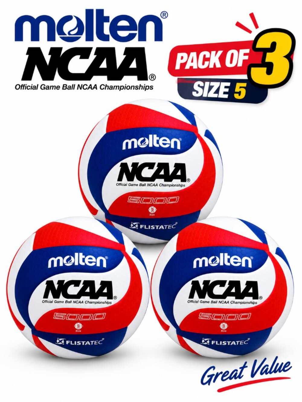 3-Pack Molten V5M5000-3N Flistatec NCAA Volleyball, Red/White/Blue